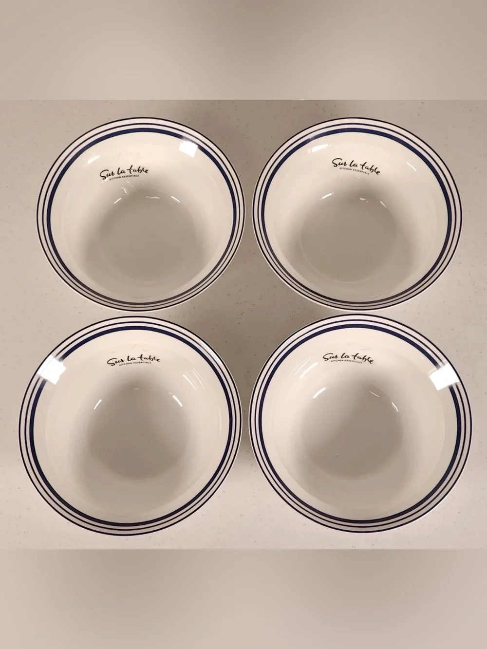 Sur La Table White Ceramic Bowls with Navy Stripe - Set of 4 Bistro style
